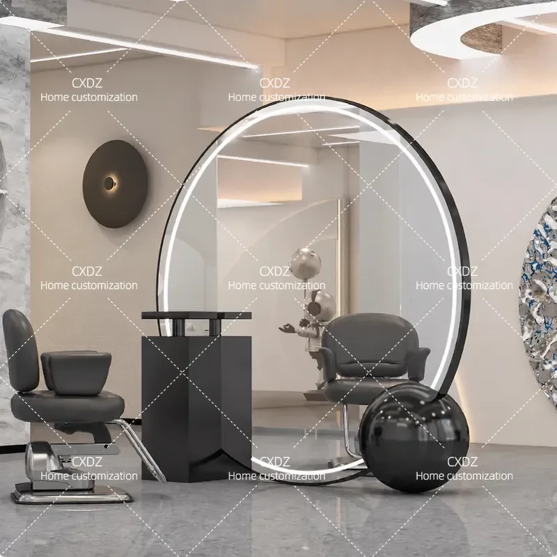 Large Round Barber Shop Mirror for Hair Salon VIP Area Perm Dyeing Station Cutting Table with Landing Platform Professional