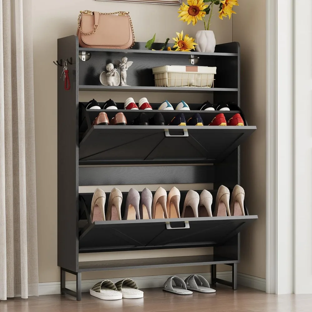 Slim Wooden Freestanding Shoe Cabinet,2 Flip Drawers & Hidden Narrow Storage,Entryway Organizer, Custom