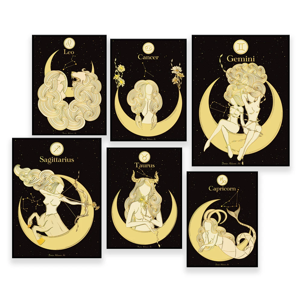 Zodiac art print, Black and gold zodiac, Pisces gifts, Astrology poster wall art, Celestial art, Witchy decor