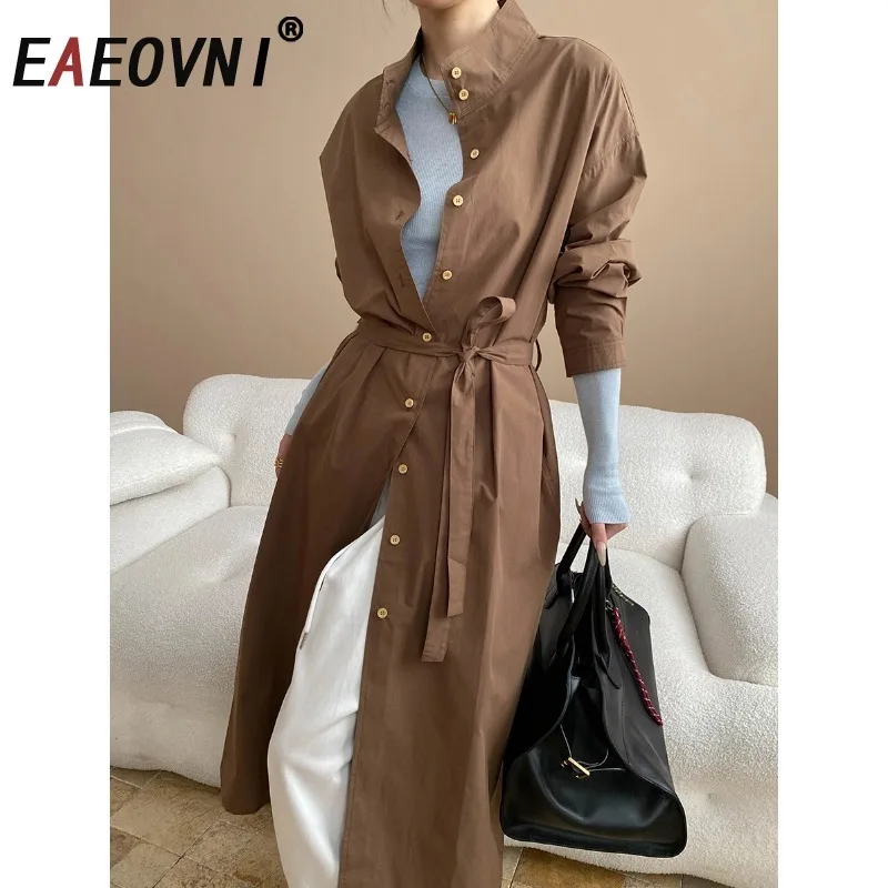 

EAEOVNI, осенний офисный женский длинный плащ, женский однотонный пояс на пуговицах, темпераментная ветровка на талии, модная новинка
