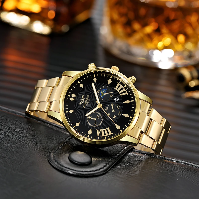 Men Complete Calendar Watch 2024 New Fashion Golden Stainless Steel Quartz Clock Analog Male Casual Wristwatch Relogio Masculino