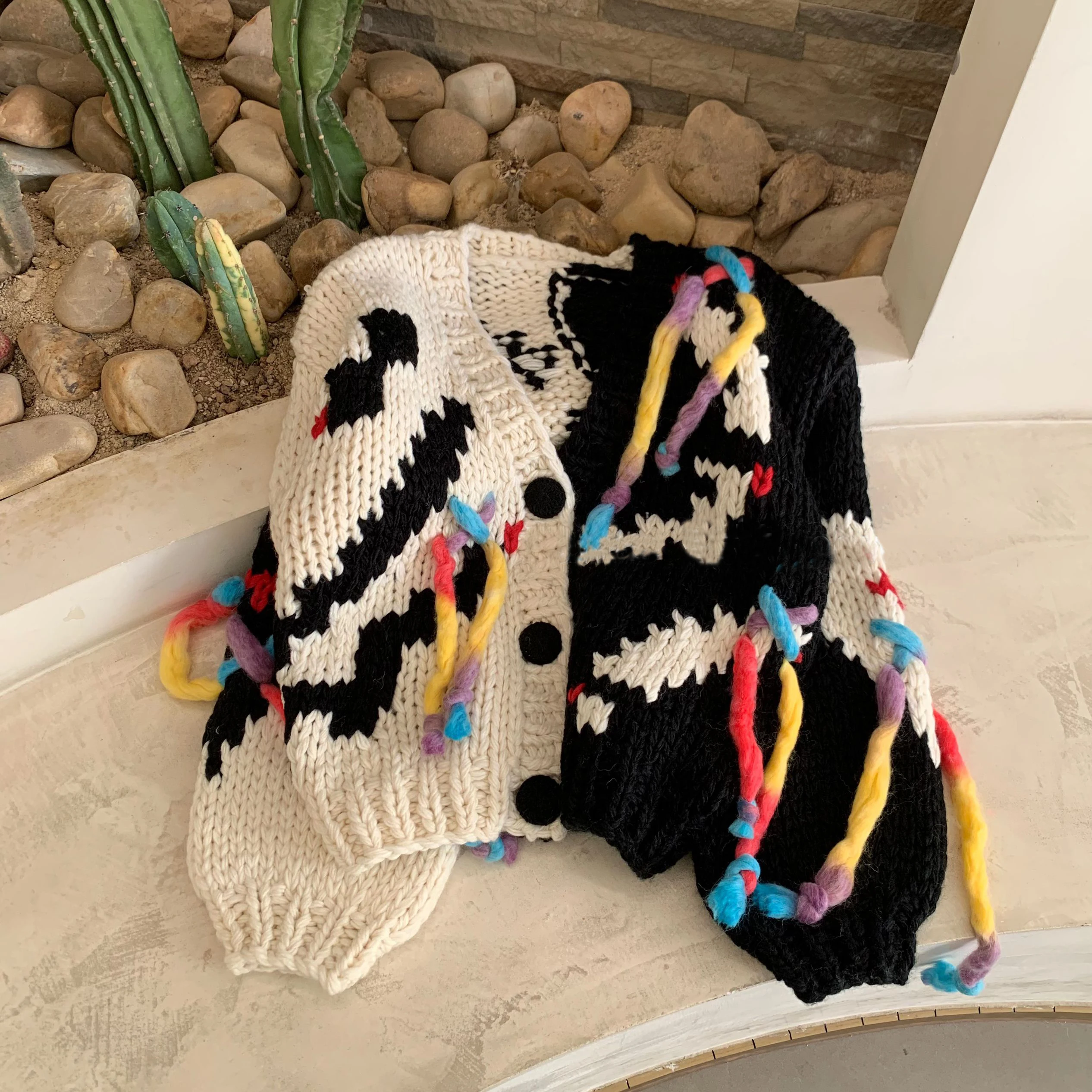 

Women Multi Color Tassels Chunky Cardigan 2024 Autumn Winter Handmade Sweater Jumper Outwear Niche Design