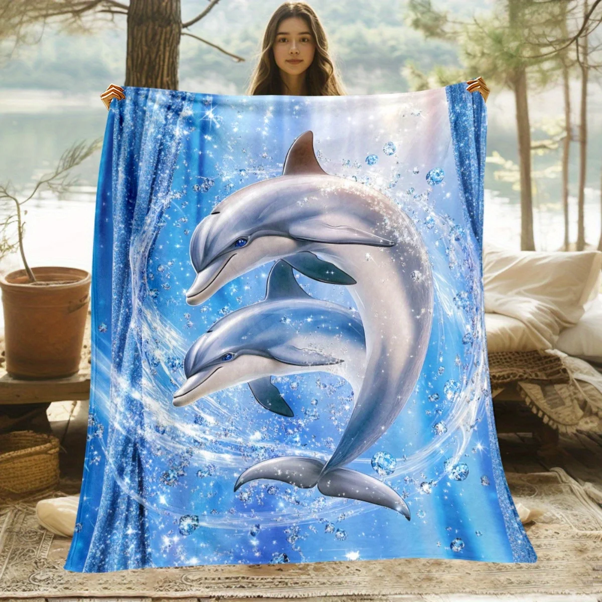 Custom Dolphin Blanket Ocean Wave Sparkle Design Personalized Name Fleece Throw All Season Soft Warm Bedding Home Decor Gift
