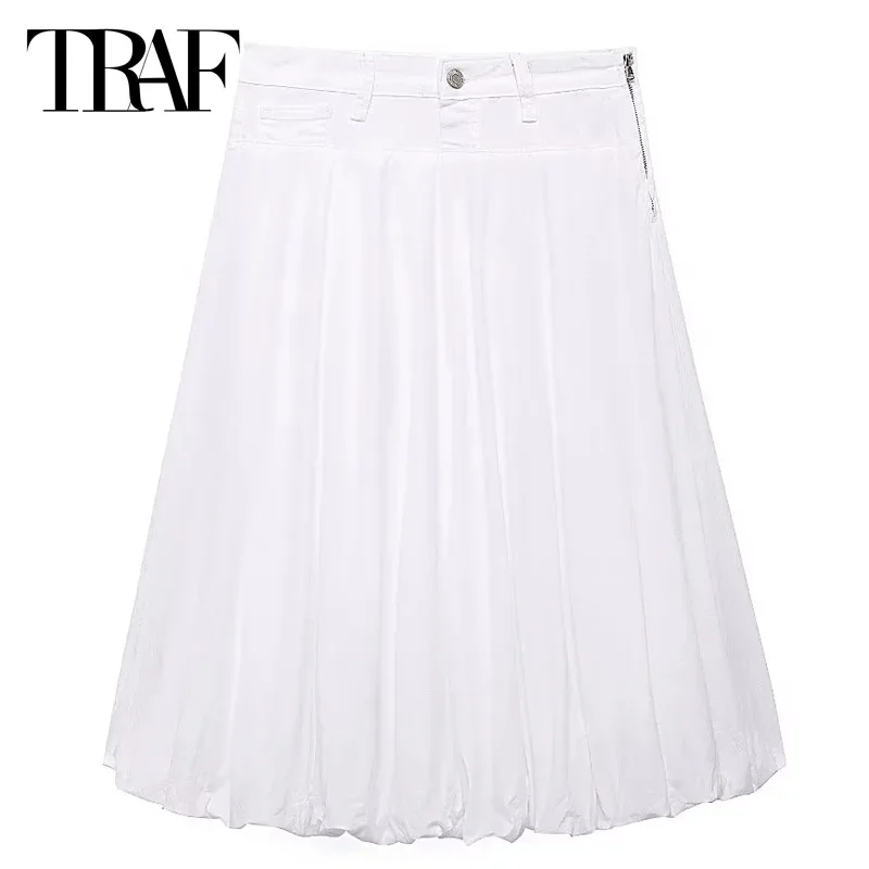 TRAF White Balloon Skirts Women's Skirt Summer 2024 Ruffled Mid Waist Side Slit Skirt New In Skirt Fashion Casual Vacation Skirt