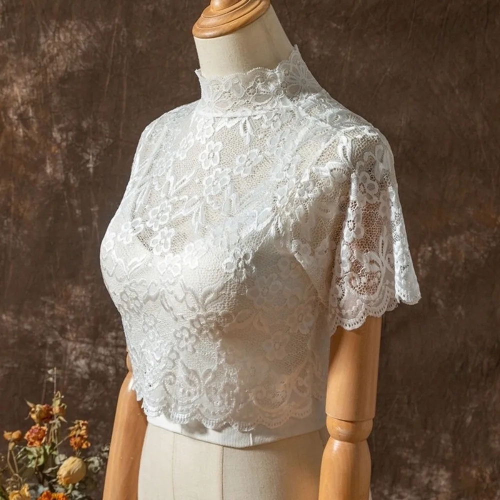 

Fashion Floral Women Turtleneck Lace Pullover Lining Detachable Collar Short Sleeve Dickey Crop Top