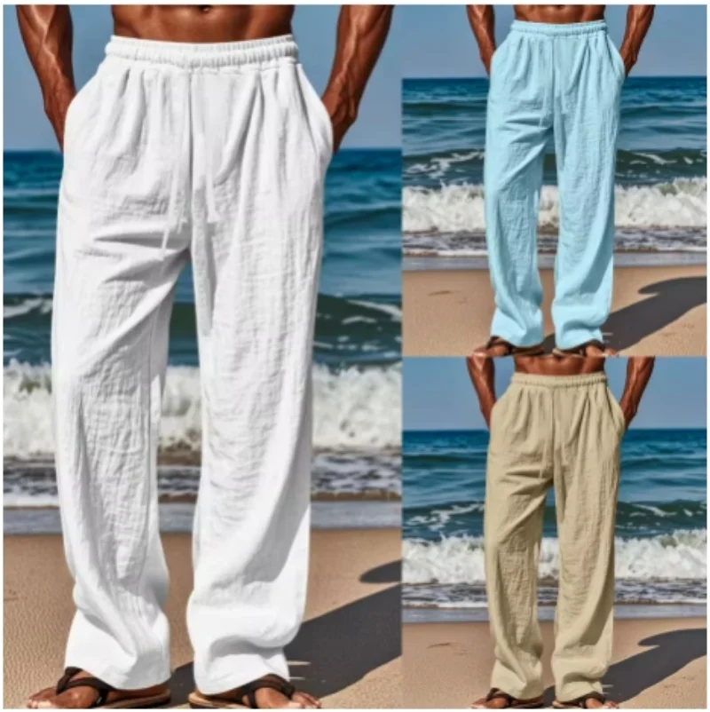 2026 Men's Cotton Linen Long Pants Solid Color Breathable Linen Trousers Male Casual Elastic Waist Casual Pants Harajuku Trous