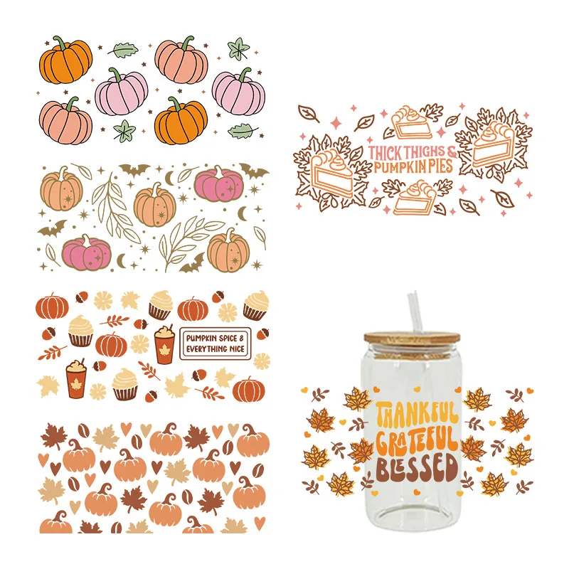 UV DTF Transfers Stickers, Pumpkin Printed for DIY Glass Ceramic Metal Leather, Thanksgiving Day Cup Wraps, 3D, 16oz D5706