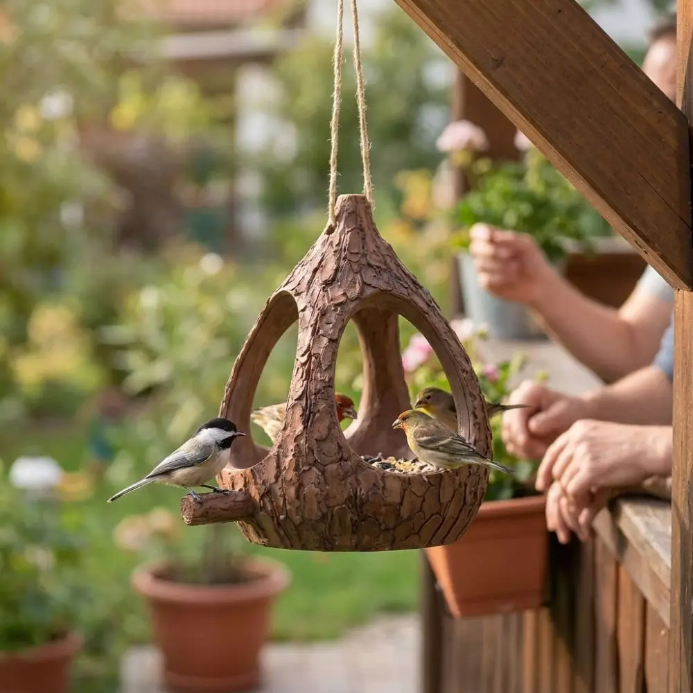 Resin Bird Feeder House Tree Stump Natural Look Bird Feeding Station Weather Resistant Handmade Bird Food Container Outdoor