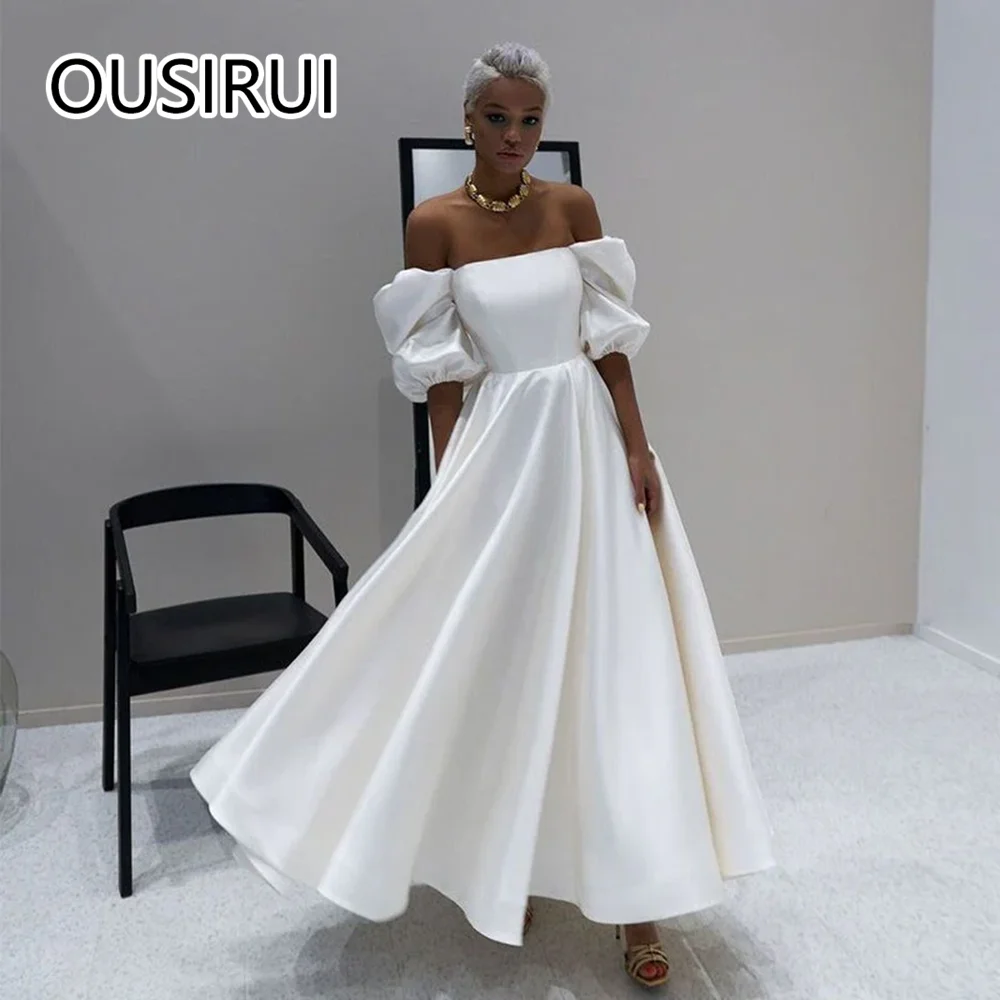 

OUSIRUI Modest Boat Collar Satin Ankle-Length A-line Prom Party Dress Backless Bridal Club Gown with Short Puff Sleeve vestidos