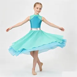 Kids Girls Gymnastics Christian Ballroom Ballet Dance Tunic Dress Tiered Wrapped Hem Praise Lyrical Dance Dress Worship Costume