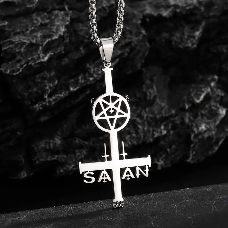 Fine Stainless Steel Inverted Cross Five-Pointed Star Circle Pendant for Men and Women Hip-Hop Punk Personalized Clavicle Chain