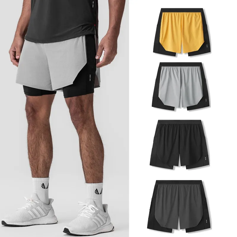 New summer fake two running fast dry sports shorts men\'s basketball ball fitness marathon cross-country training quarter pants