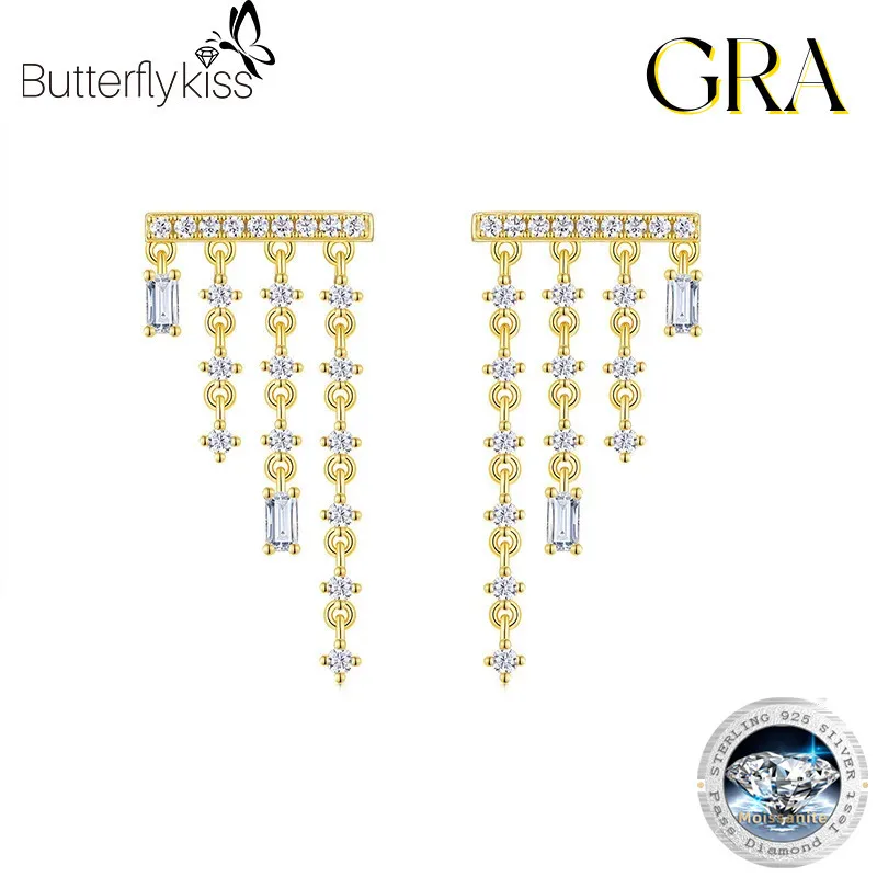 Butterflykiss S925 Sterling Silver Moissanite Asymmetric Tassel Earrings For Women, Featuring Unique And Fashionable Design