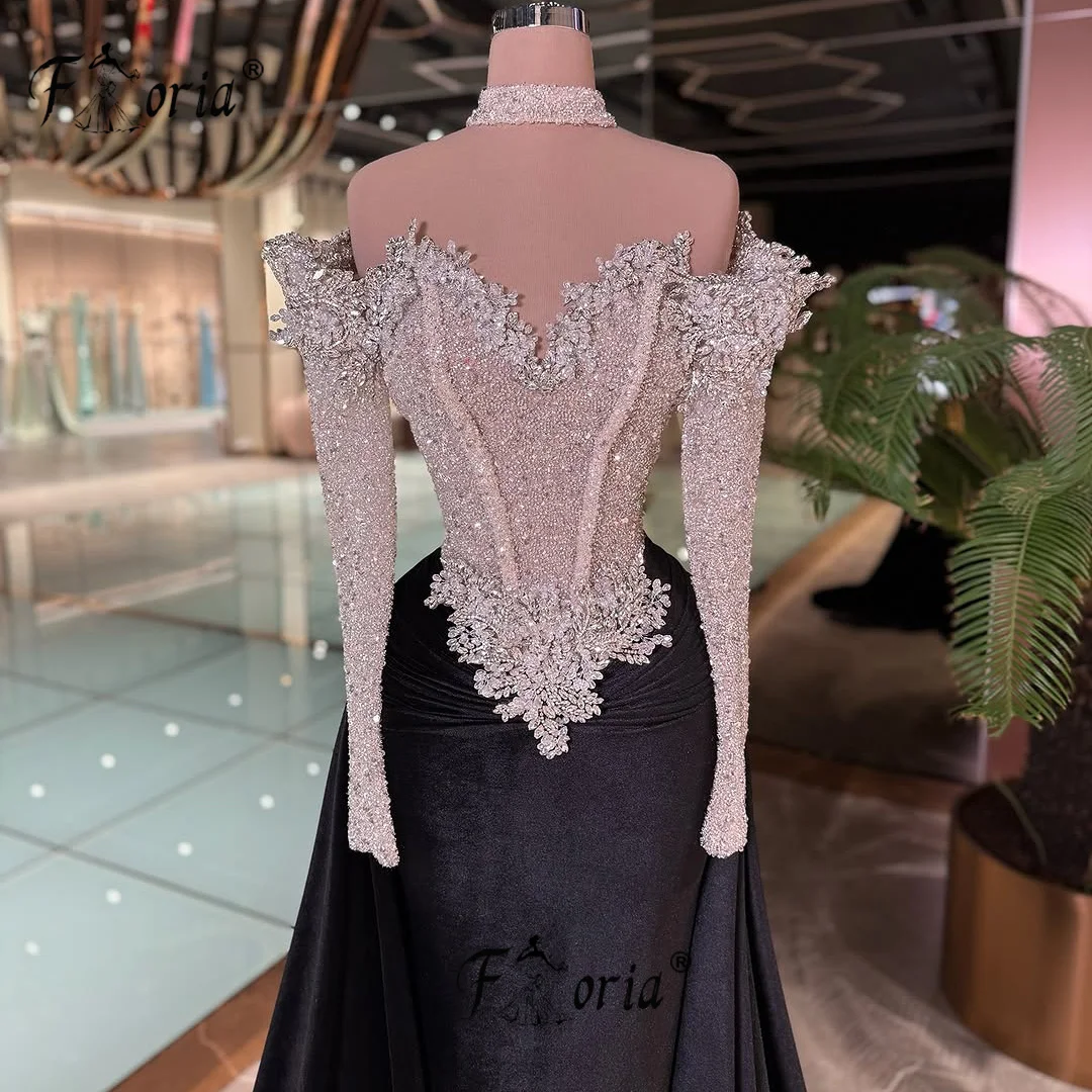 Elegancka czarna suknia balowa z kryształami, aplikacjami 3D, odkryte ramiona, suknia na formalną okazję, szyta na miarę, długa suknia wieczorowa, elegancka.