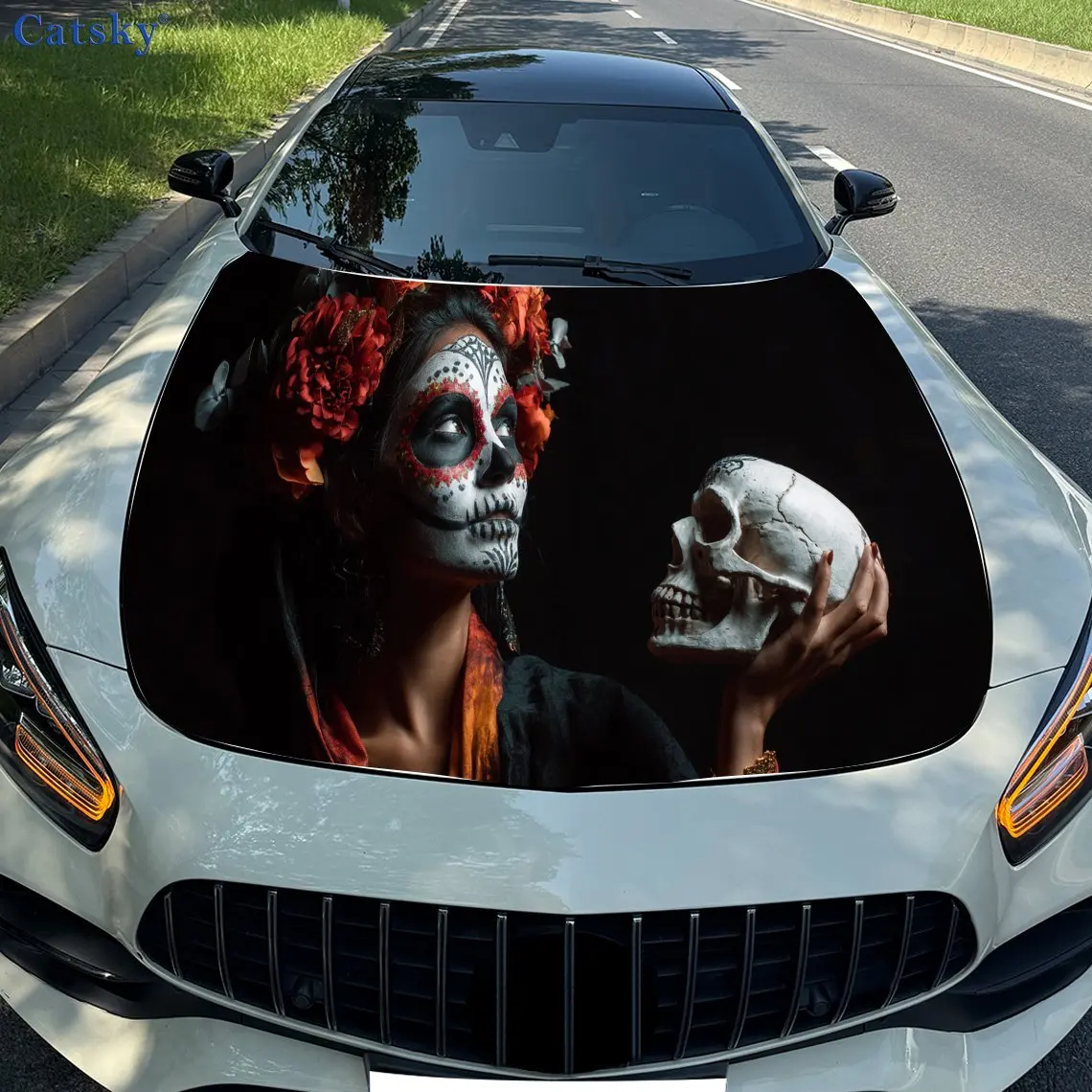 

Day of the Dead Charm PVC Car Vinyl Wraps, Self-Adhesive Waterproof Car Hood Decal Sticker, Car Decoration Protection Stickers f