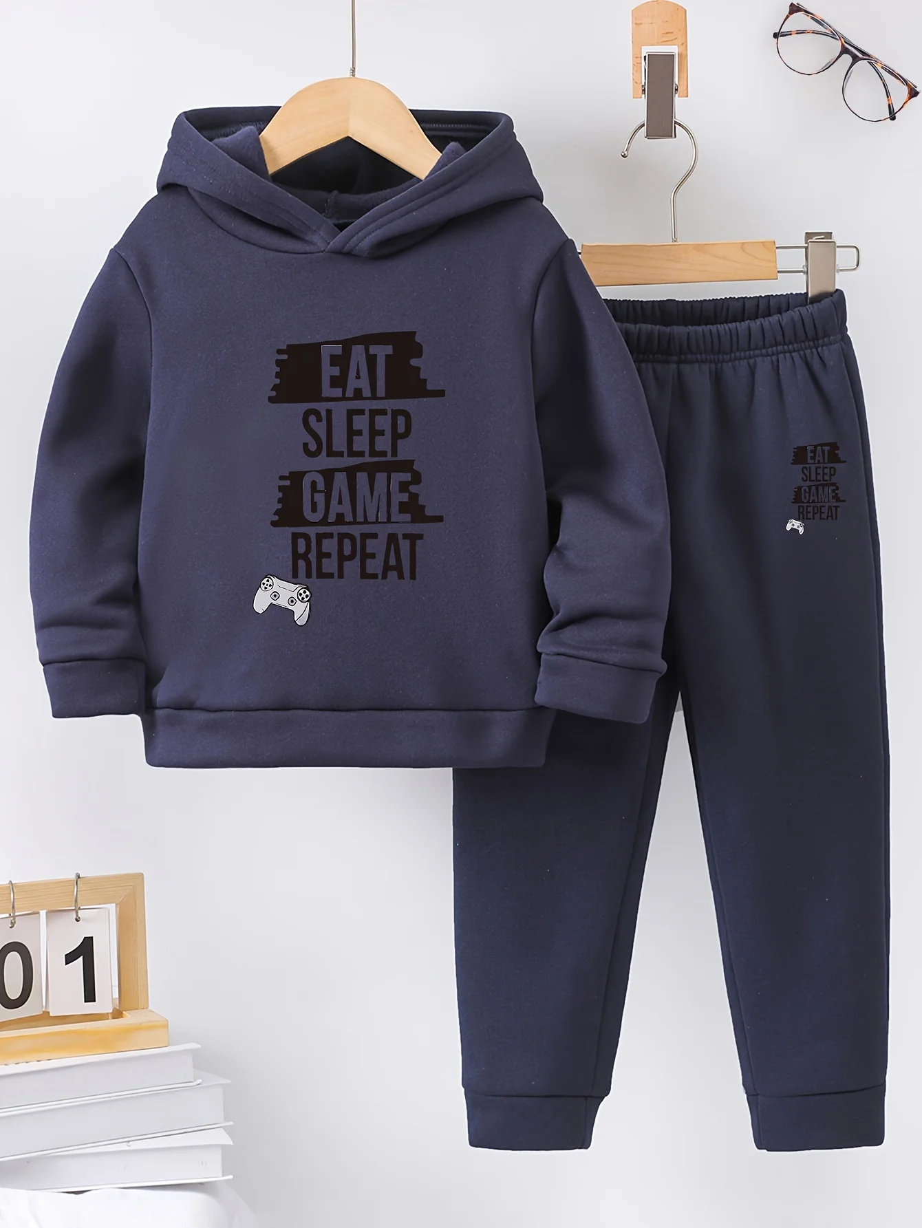 2set Fall/Winter new casual boy sports style comfortable letter print warm lining hoodie and tracksuit pants