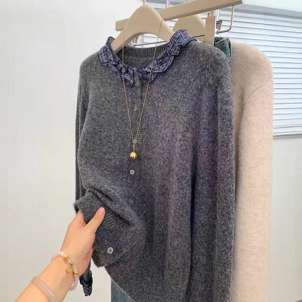 Autumn 2026 Solid Color Plaid Fungus Edge Long Sleeve Knitted Temperament Simple Cardigan Sweater Jacket with Women's Top New