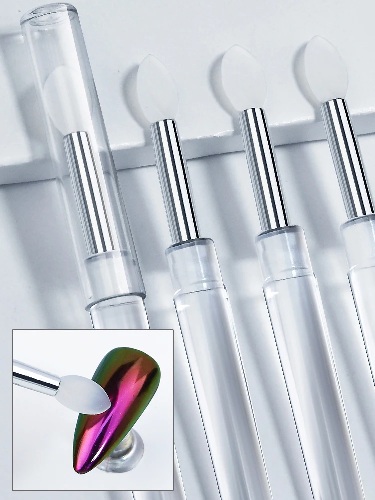 Brosse en Silicone transparente pour Nail Art, bâton applicateur de pigments chromés en poudre à paillettes miroir, 2 pièces