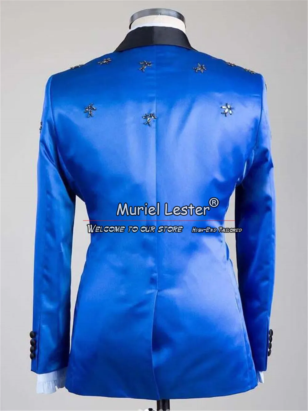 Elegant Blue Velvet Suits Bespoke Sliver Beaded Men's Blazer Formal Groom Wedding Tuxedos Chic Man Clothing Traje De Hombre