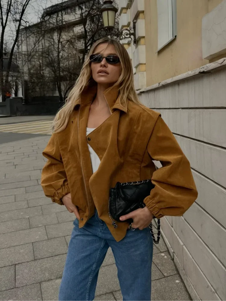 Giacca casual in tessuto scamosciato con cerniera raglan da donna Chic bavero manica intera tasca cappotto corto allentato Lady nuovo autunno quotidiano streetwear