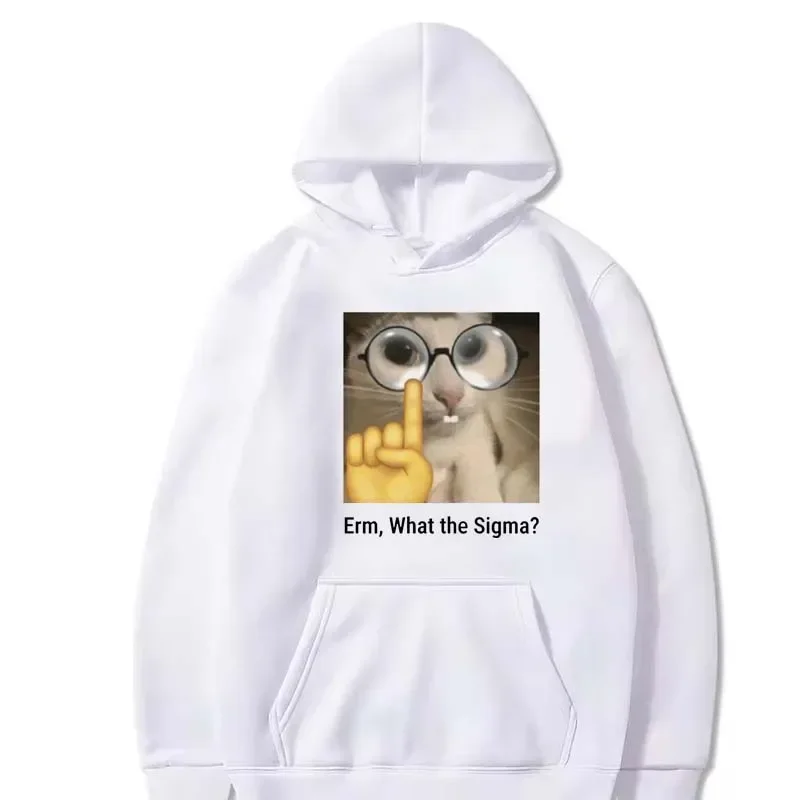 Women Silly Cat Humor Printed Tops Fleece Sweatshirt Winter Hoodie Erm, What Sigma? Funny Meme Sport Hoodie for Men