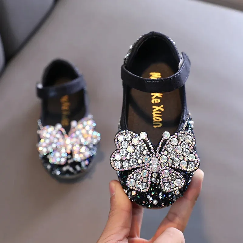 

Children Spring Summer Korean Version Single Shoes Girls Pearls Dance Shoes Crystal Sequins Rhinestone Princesses Leather Shoes