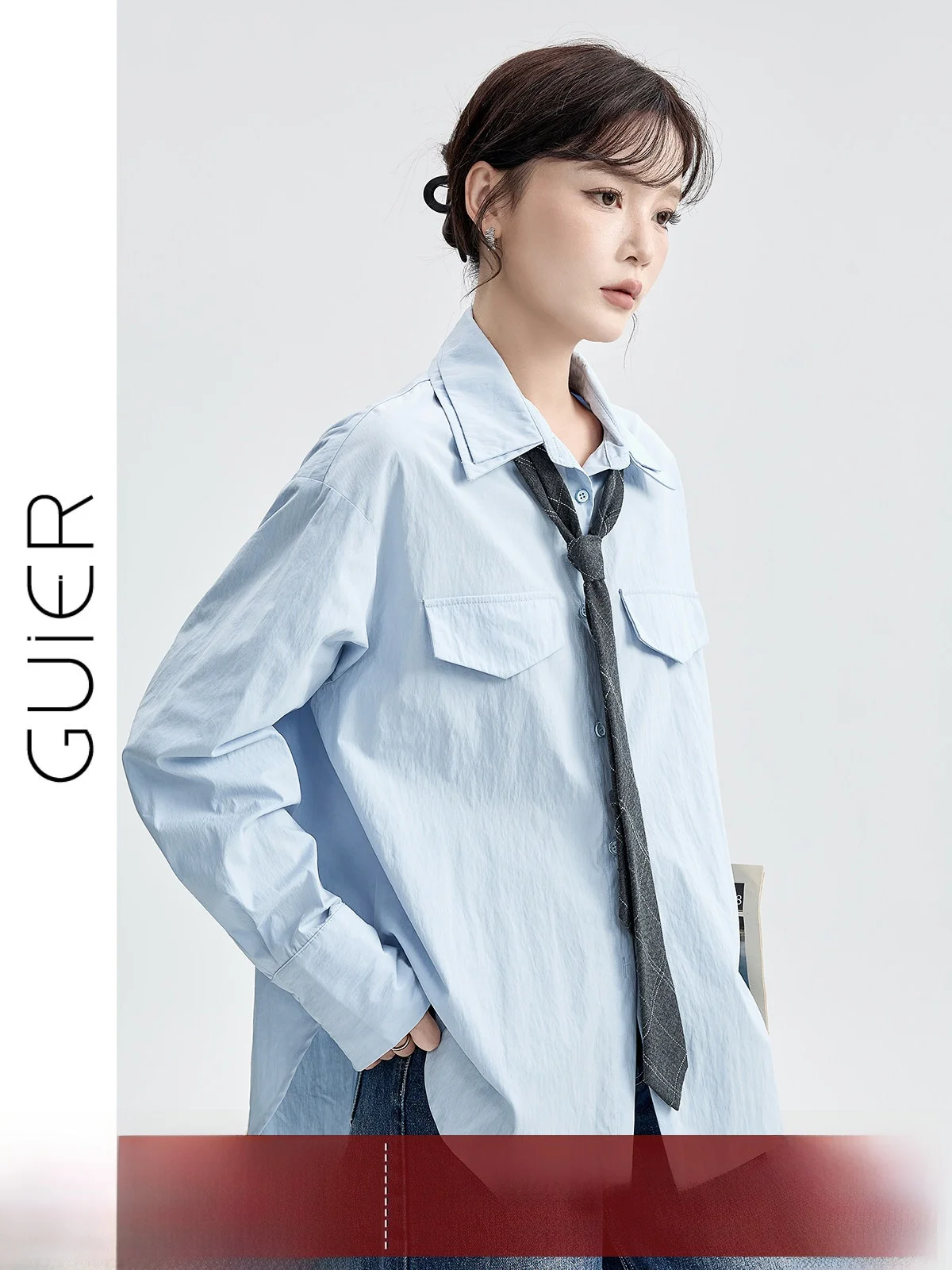 

Blue Long Sleeve Loose Casual Shirt Women's Double Layer Collar Design Sensation New Autumn Style Comfortable Fashionable Blouse