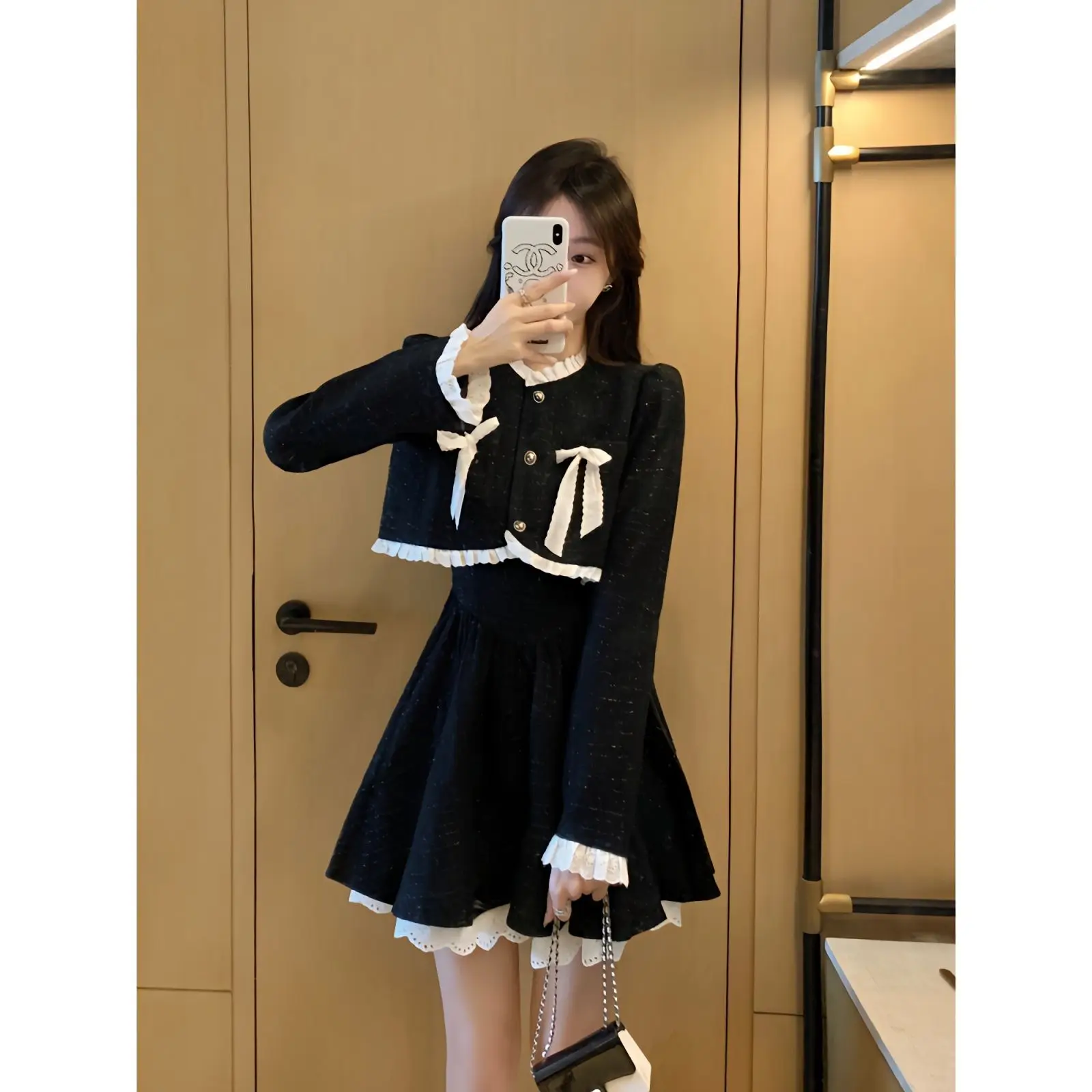 

Korean Fashion New Women Two Piece Skirt Sets Temperament O Neck Long Sleeve Tweed Jacket + High Waist A Line Slip Mini Dress
