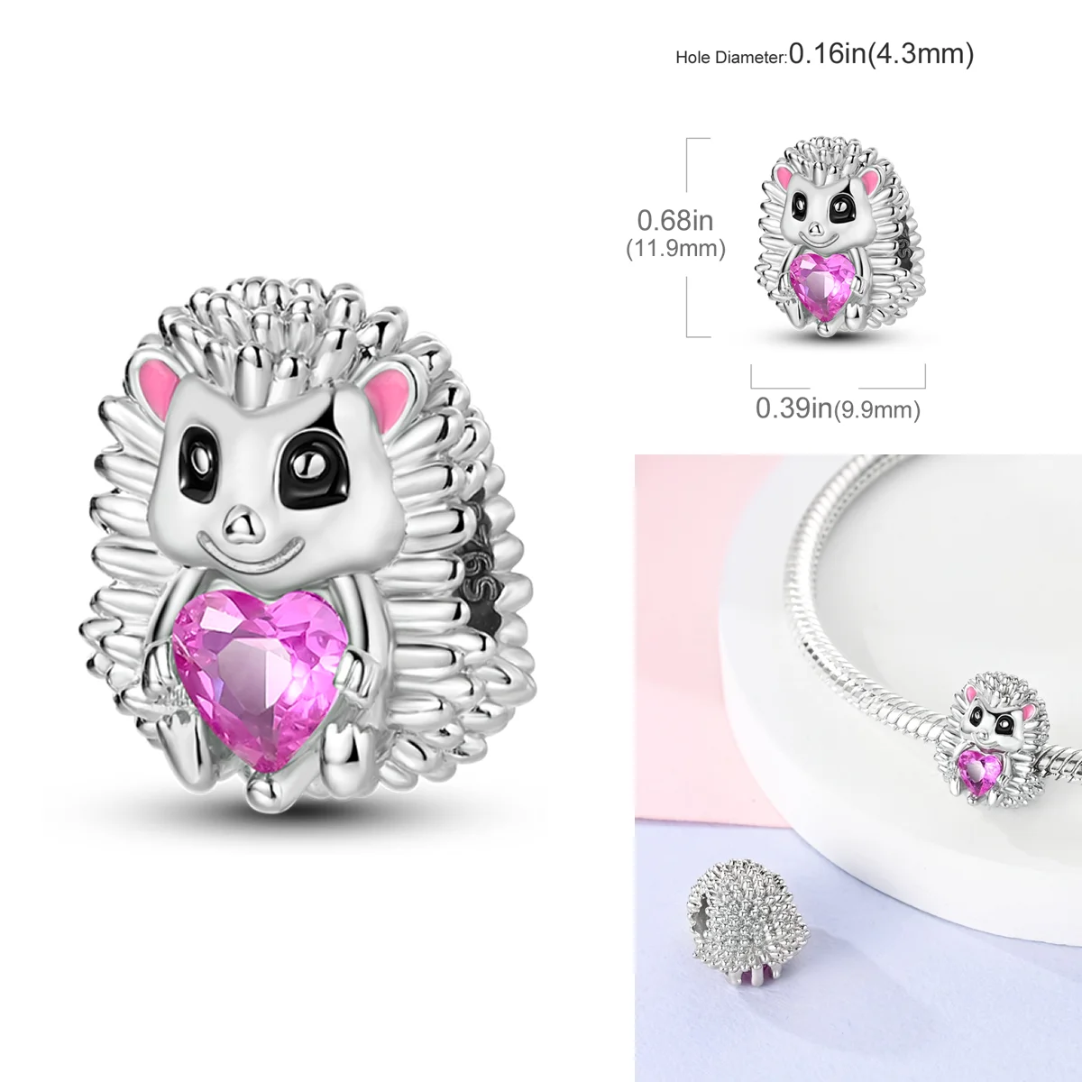 

925 Sterling Silver Hedgehog Charms Bead CZ Zircon Pink Color Love Heart Dangle Fit Original Bracelet DIY Women Jewelry Gift