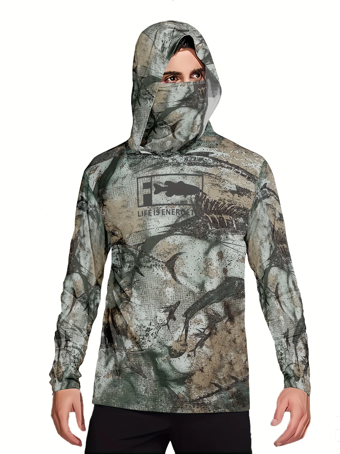 Men's long-sleeved T-shirt with sun protection hooded jacket protective mask one-piece outdoor long-sleeved cap shirt
