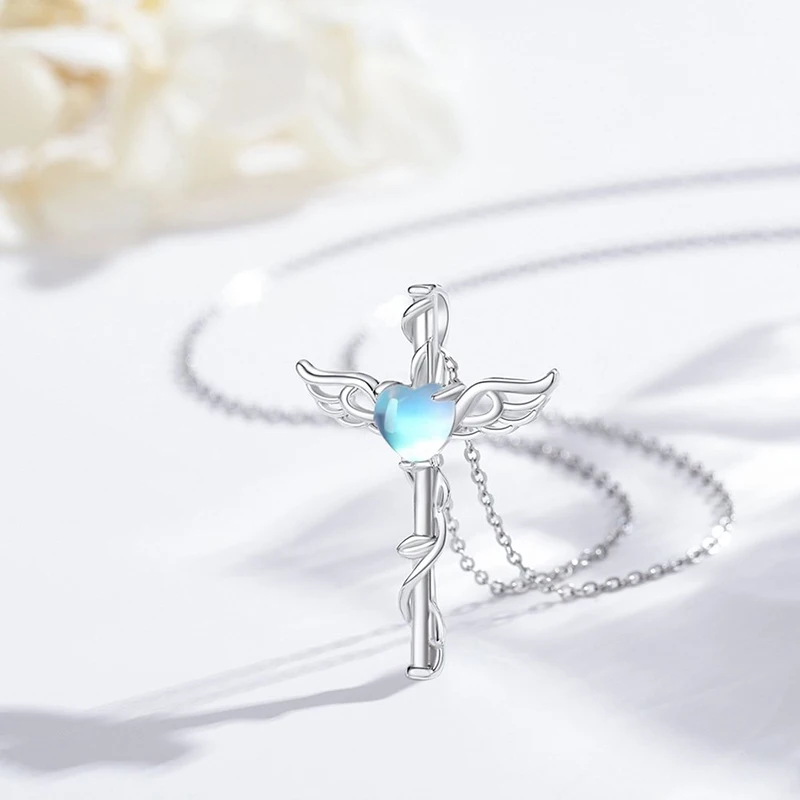 Huitan Angel Wings Cross Pendant Necklace Female Heart Imitation Moonstone Jewelry for Women Delicate Daily Party Accessories