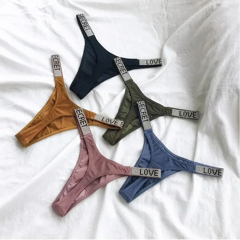 Sexy Women Pantie Crystal Rhinestone Underwear Fitness Gym Thongs Low Rise Fashion Tanga for Female Push Up Lingerie With Letter