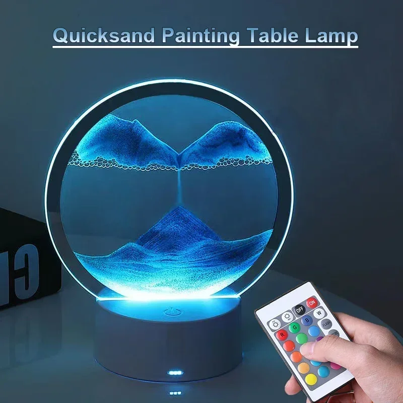 Moving Sand Art Table Lamp with 7 Color Quicksand LED Lamp USB Sandscape Night Light 3D Hourglass Bedside Lamps Home Decor Gift