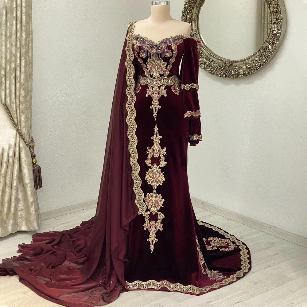 Burgunderroter marokkanischer Kaftan, muslimische Abendkleider mit langen Ärmeln, Applikationen, Samt, Dubai, arabische Abaya, islamisches Kleid, maßgeschneidert