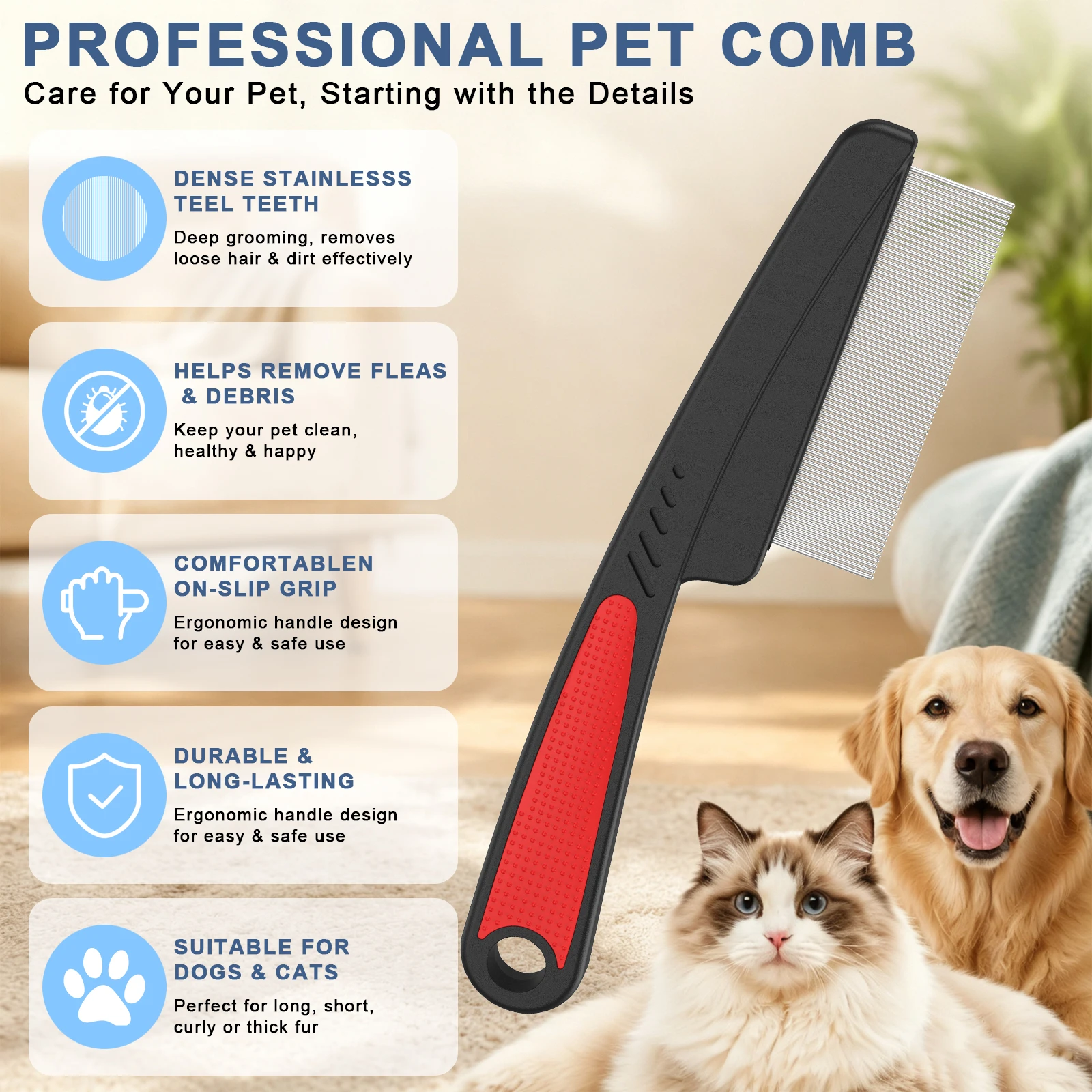 Professioneller Flohkamm für Hunde, Katzen und andere Haustiere – ideal zum Entfernen von Flöhen und Zecken sowie zum Ausbürsten von ausgefallenem Fell. – Detail 3