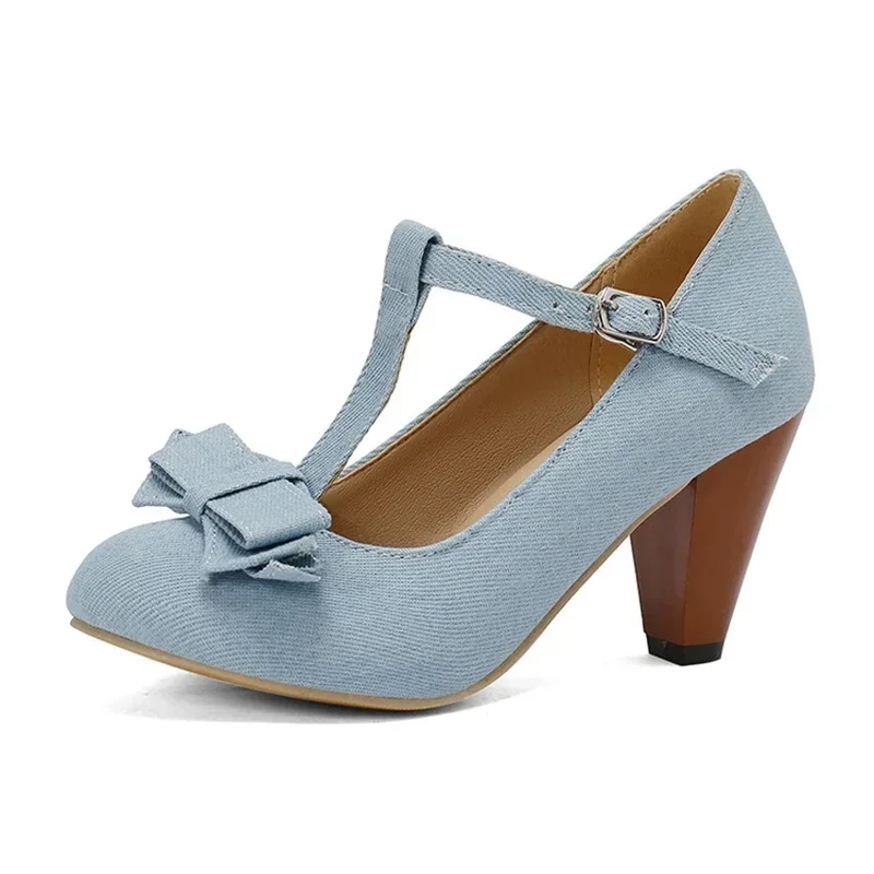 

2024 Women Pumps Pointed Toe 7.5cm Spike Heel Denim Fabric Big Bow T- Strap Fashion New Design Party Office Big Size 43