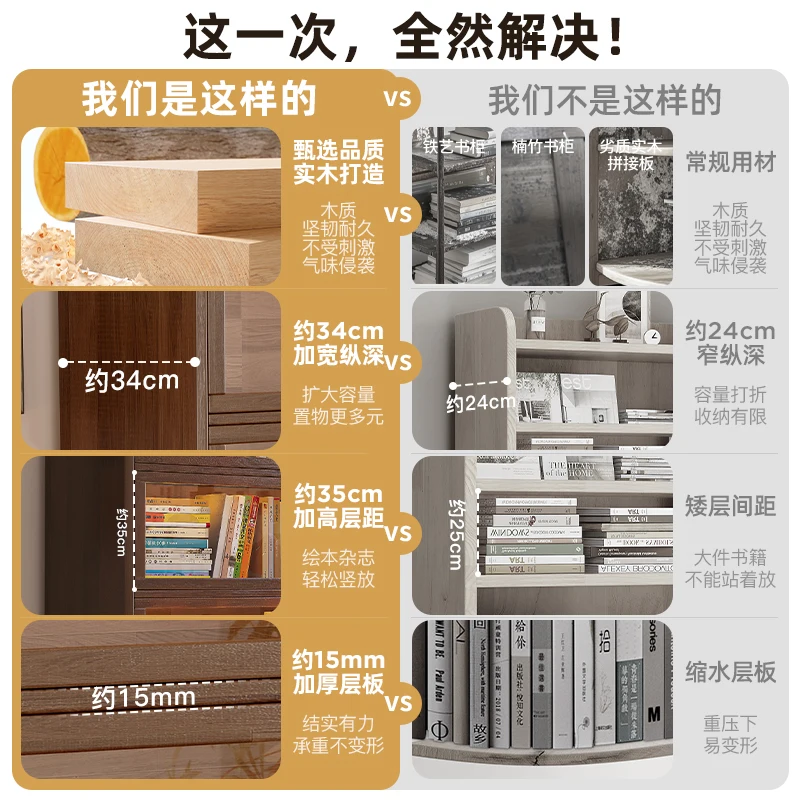 Solid wood bookcase, storage cabinet integrated against the wall, walnut-colored dust-proof storage display cabinet