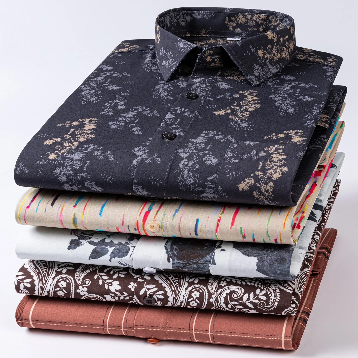 

Fashion korean popular clothes trend Print long sleeve shirts for men elastic casual single pocket streeteear plain clothes