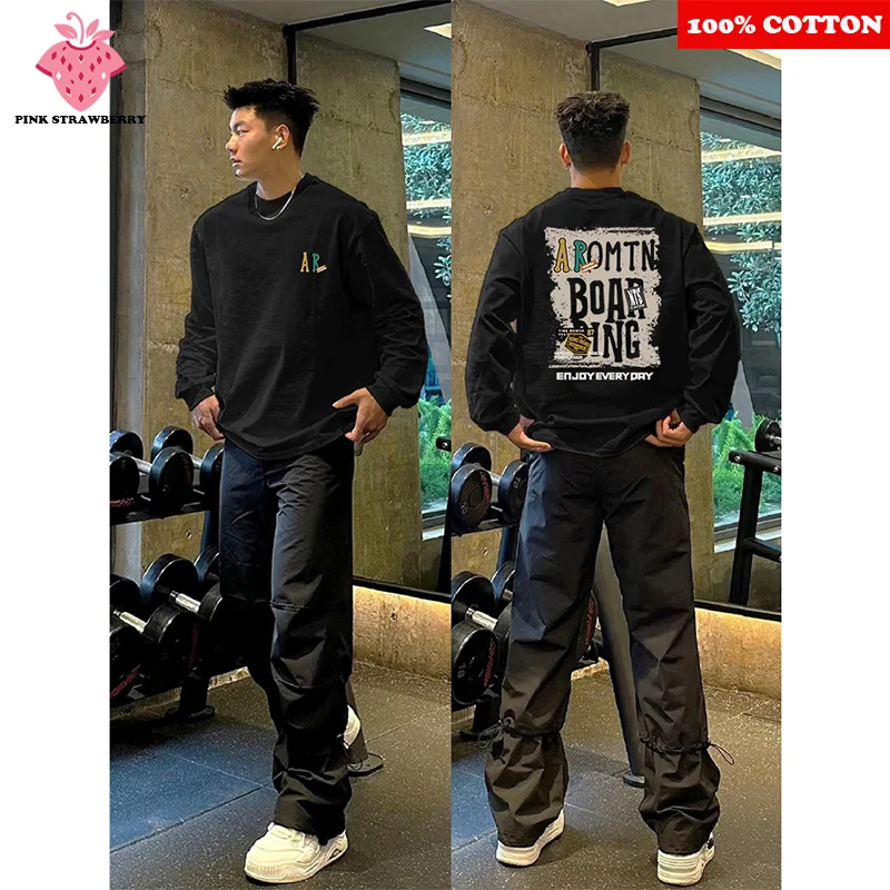 

100% Cotton Black O-Neck Long sleeves T-shirt Men Autumn 2025 New Street Sports Gym Letter Print T-shirt Y2k Top Man clothing