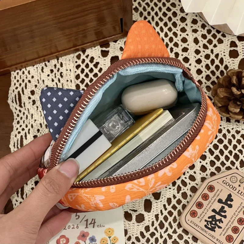 Cute Cartoon Cat Patchwork Coin Purse Vintage Zipper Small Storage Pouch Animal Shape Wallet For Cards Coin Daily Mini Organizer