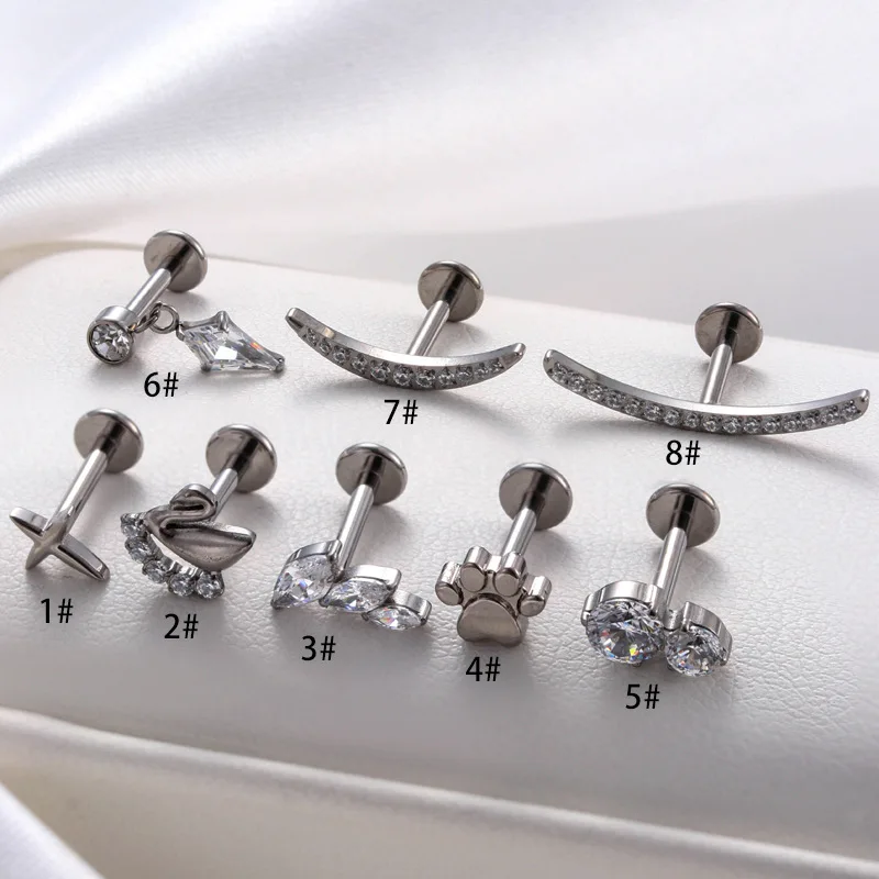 1PC G23 Titanium Piercing Labret Stud CZ Internal Thread Lip Stud Earring Helix Conch Tragus Lobe Piercing Jewelry Wholesale 16G