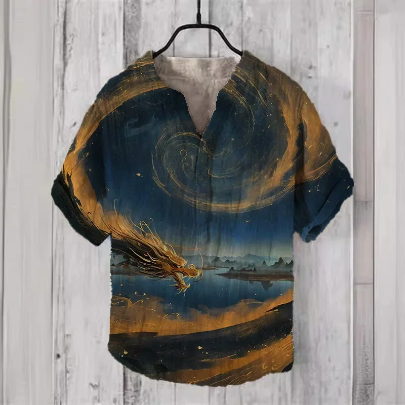 New exquisite sky dragon 3D printed pattern men's 3-button V-neck men's shirt linen breathable short sleeved men's clothing