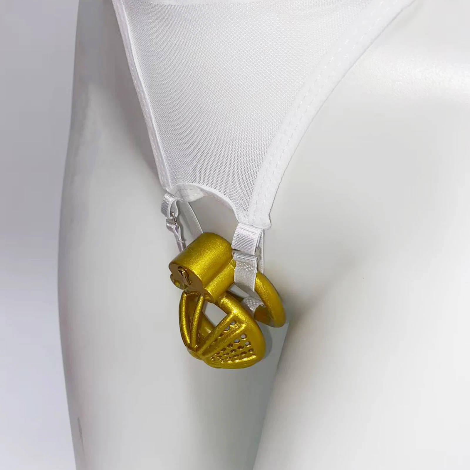 White Thong Male Chastity Cage with Fixed Strap Anti-Off Device Elastic Band BDSM Auxiliary Belt Penis Ring for Adult