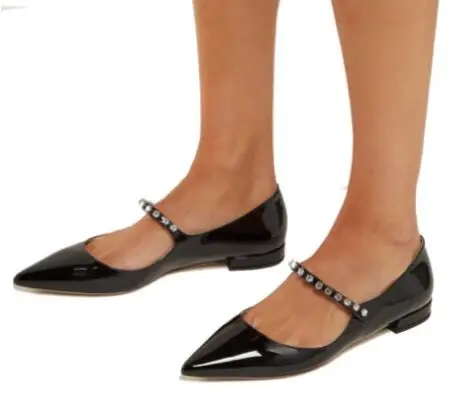 

Drop Shipping Fashion Lady Black Shiny Patent Leather Pointed Toe Bling Crystal Rhinestone Chain Ankle Strap Flat Shallow Shoes