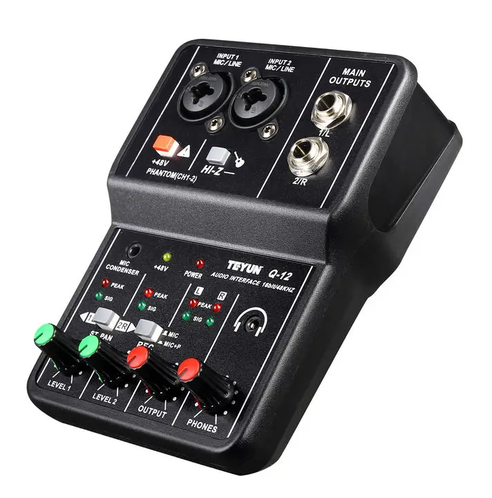 TEYUN Professional Mini Audio Interface Console Q12 Model 2-Channel USB Sound Card for Recording and Arrangement-Black