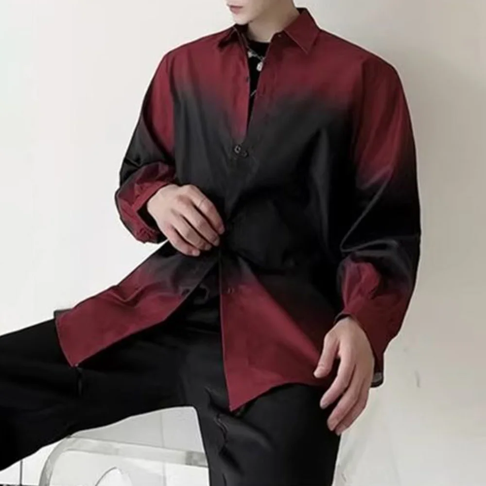 Mens Shirt Gothic Y2k Black Red Gradient Contrast Casual Shirt Summer Streetwear Hip-Hop Retro Niche Thin Long-Sleeved Top 2024