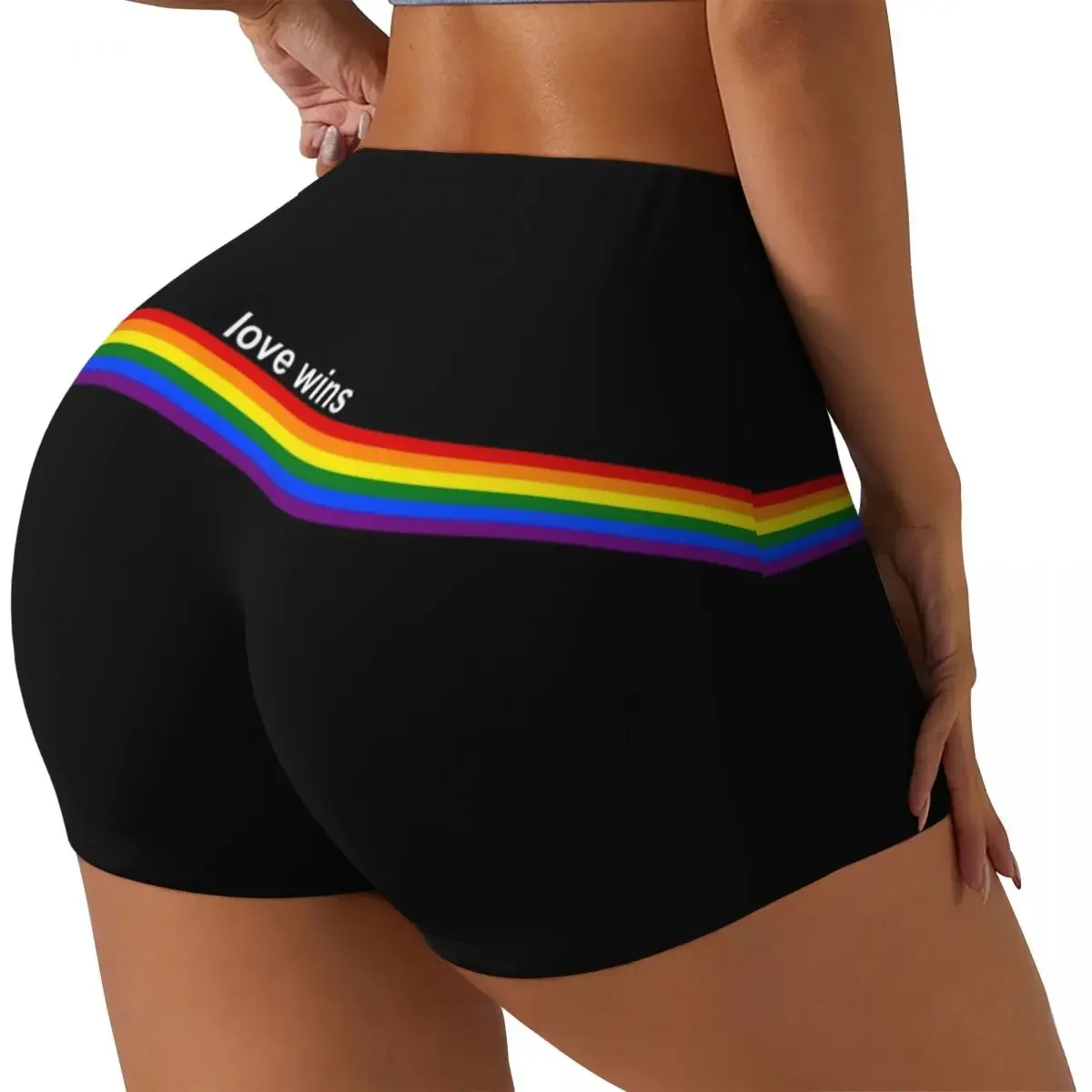 Custom Women Love Wins Pride Stripe Workout Yoga Shorts GLBT LGBT Gay Lesbian Pride Flag Athletic Gym Biker Running Shorts