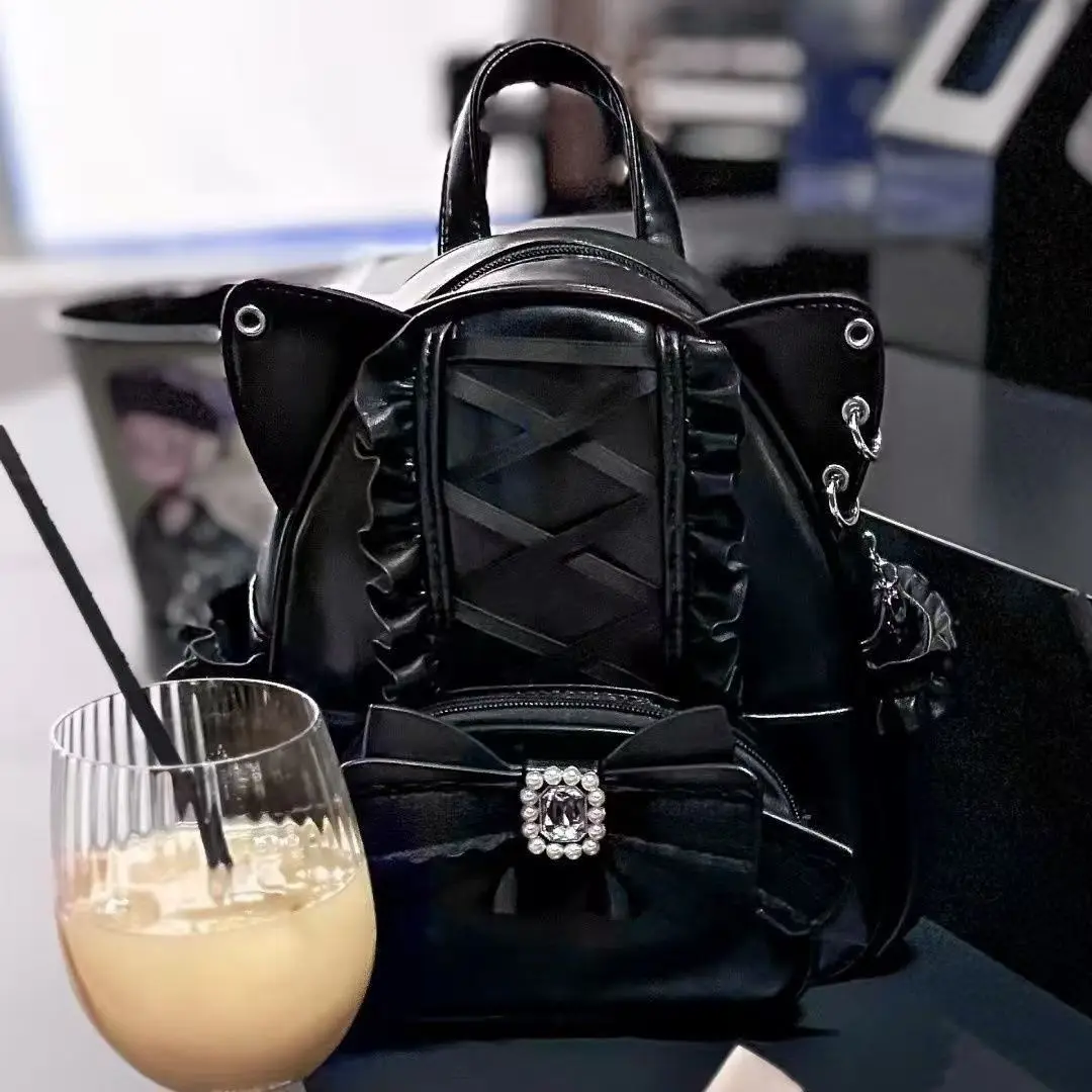 

New Japanese Style Cute Bow Women's Bag Lace Cat Ear PU Backpack Student Travel Versatile Large Capacity Bookbag