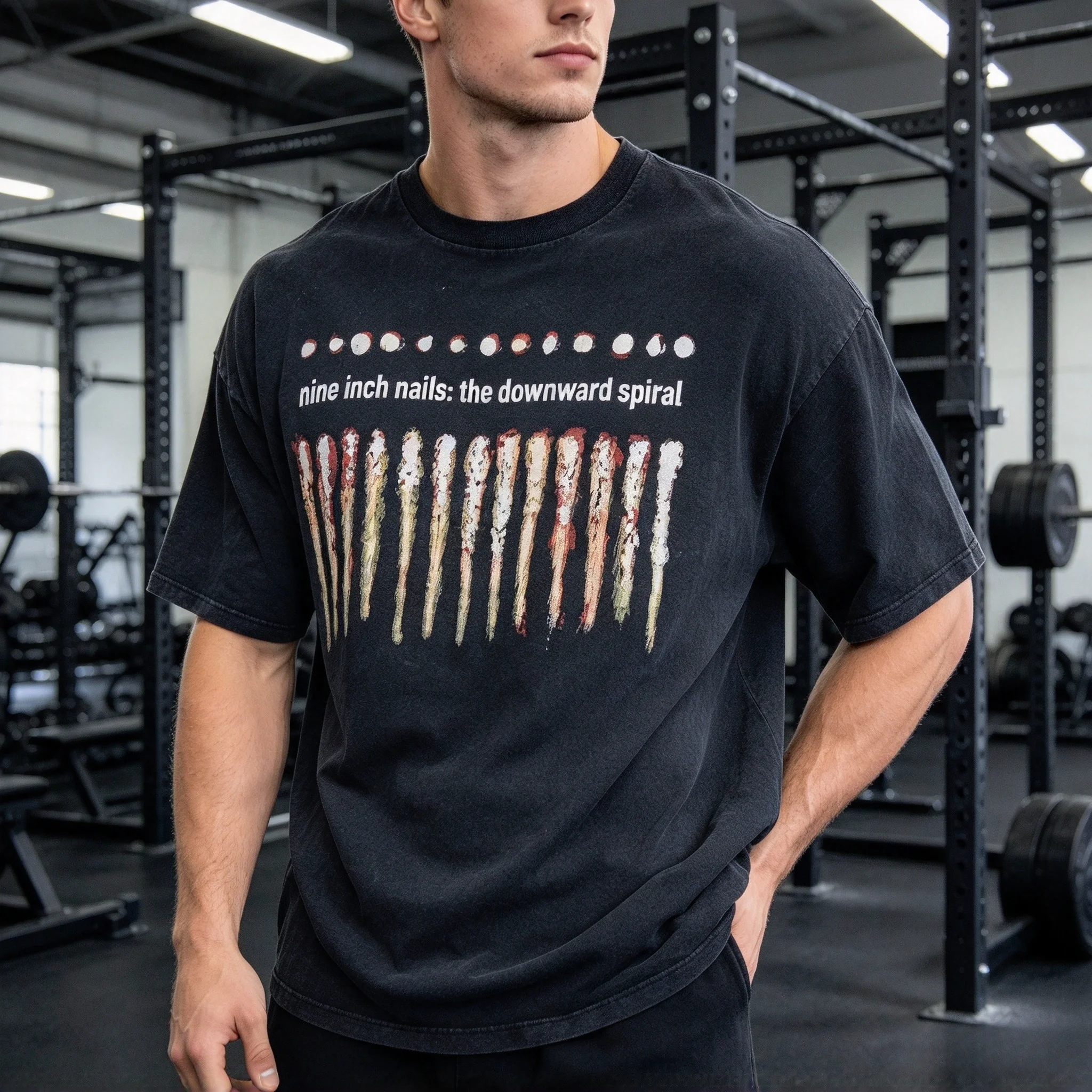 New Model Rock Nail Band Pattern Printed Loose Cotton Short-sleeved Comfortable and Loose Round-neck Top for Both Men and Women