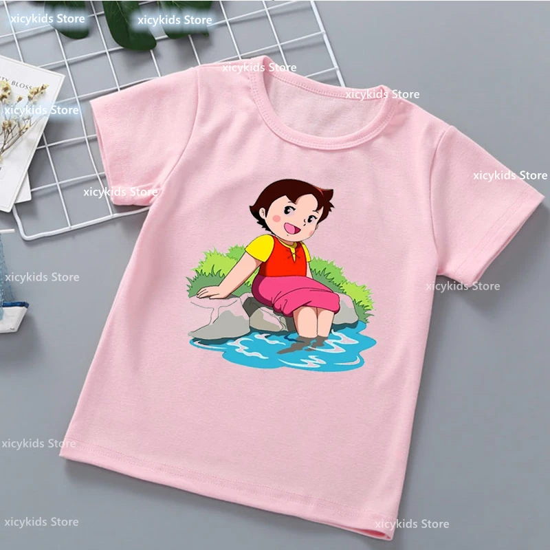 Kawaii Mädchen T-Shirt Lustige Heidi Und Familie Cartoon Print Kinder Sommer Hemd Tops Mode Mädchen Kleidung Nette Kinder Kleidung T-shirt